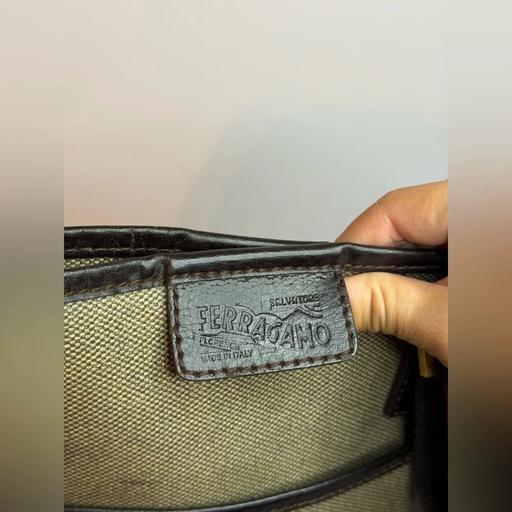 Salvatore Ferragamo Beige/Brown Canvas Crossbody Bag with Leather Trim